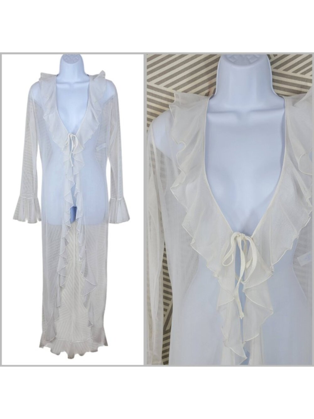 Lingerie Sheer Lace Ruffle Peignoir Robe Maxi Gown XL White Long Cover Up VTG